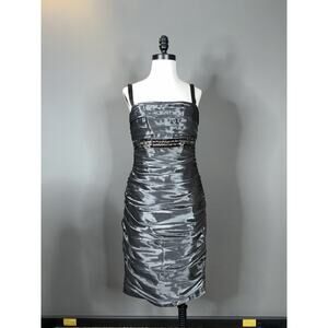 Carmen Marc Valvo Metallic Gray Fitted Cocktail Dress Ruching Beaded Boned Sz 8